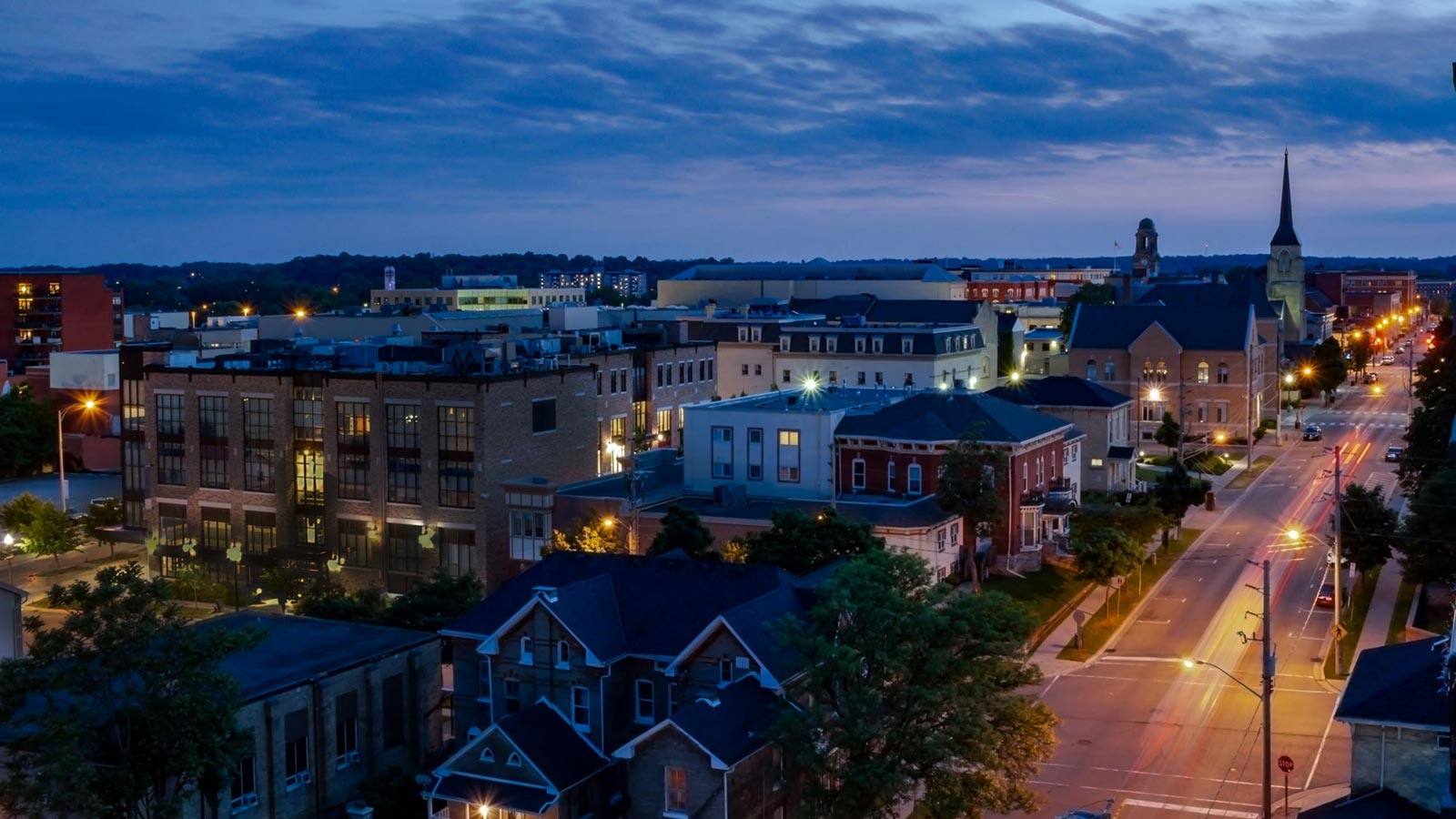 An aerial view of the City of Brantford’s downtown at twilight